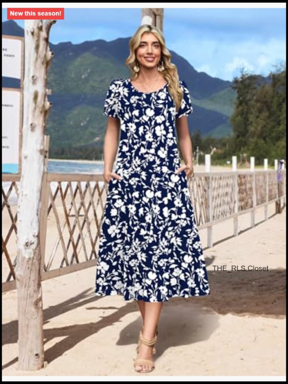Midi Dress Women Casual Pleated A Line Sundress Petal Sleeve Flowy - Picture 3 of 7